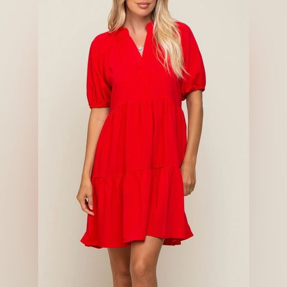 Red Satin Ruffle V-Neck Short Sleeve Maternity Dress - Picture 4 of 4